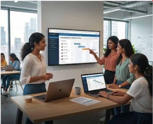 Company Software in use with business software screens visible
