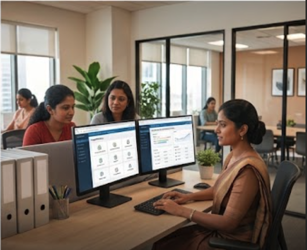 HR Software in use with business software screens visible