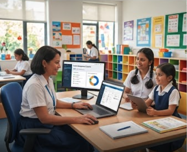 School Software in use with business software screens visible